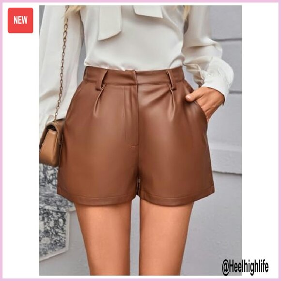 PU Leather High Waisted Wide Leg Dressy Shorts with Pocket - Picture 5 of 6